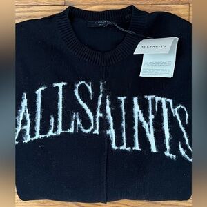 All Saints Logo Crewneck Pullover Sweater in Black, Cotton, S